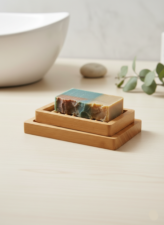Bar of soap on a wooden soap dish with a blurred background