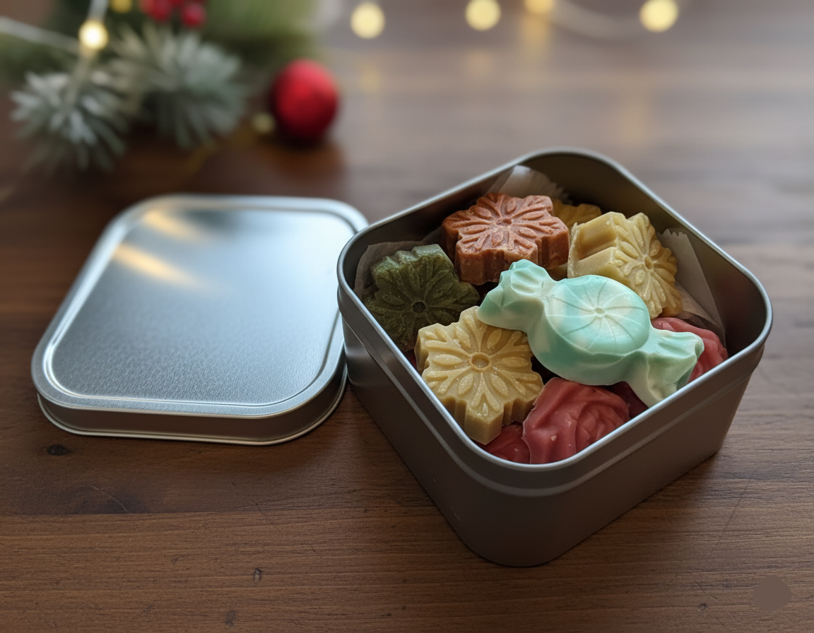 Open tin containing colorful traditional Japanese sweets on a wooden table.