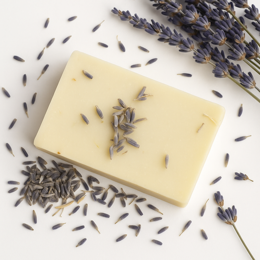 Lavender castile soap bar with dried lavender flowers and olive oil bases