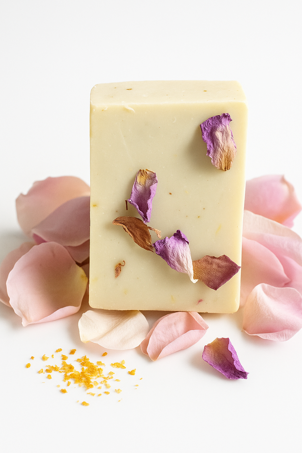 Natural rose castile soap bar with organic olive oil and dried rose petals