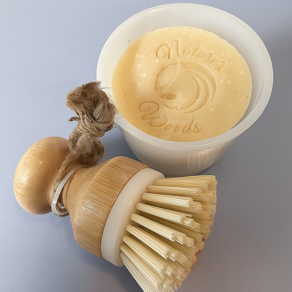 Solid dish soap bar in glass jar with coconut oil and citrus, biodegradable brush included