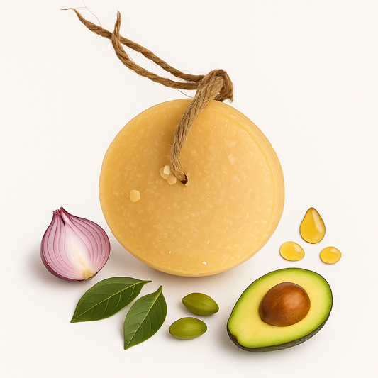 Thicken and Restore shampoo bar made with rice water and onion juice for hair growth and volume