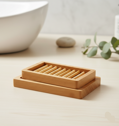 Bamboo soap dish on a bathroom counter with a blurred background