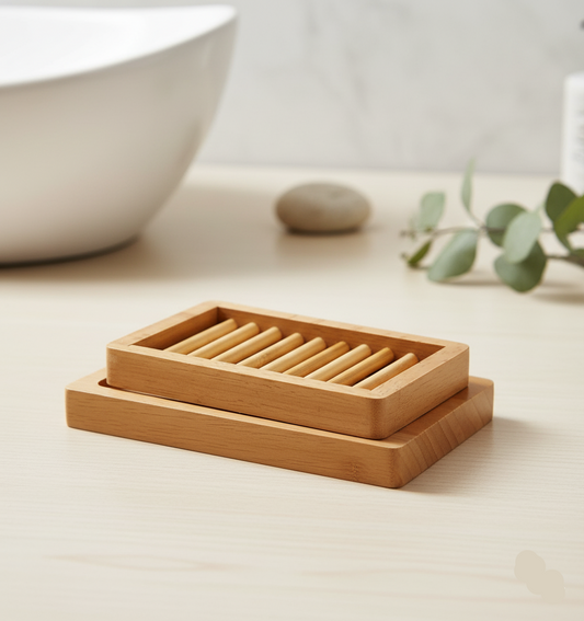 Bamboo soap dish on a bathroom counter with a blurred background