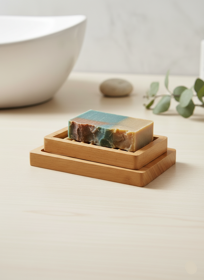 Bar of soap on a wooden soap dish with a blurred background
