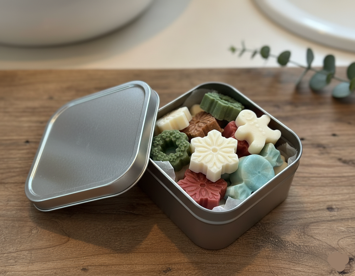 Holiday soap tin with mini guest soaps shaped like snowflakes, bells, and gingerbread men