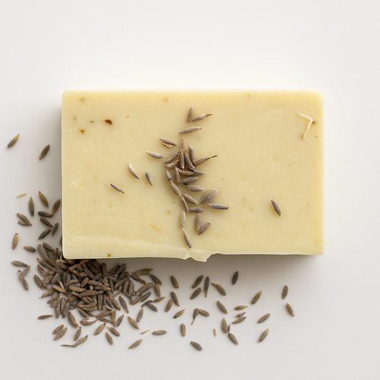 Lavender castile soap bar with dried lavender flowers and olive oil base