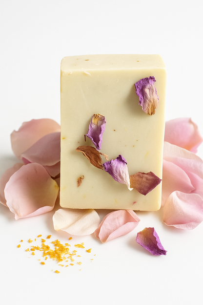 Natural rose castile soap bar with organic olive oil and dried rose petals