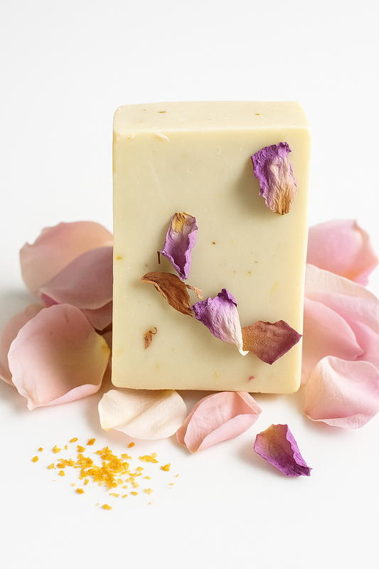 Natural rose castile soap bar with organic olive oil and dried rose petals