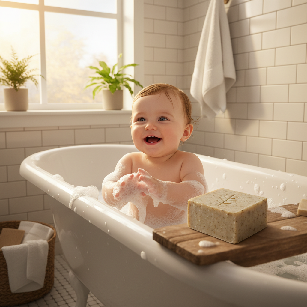 baby bathing with square soap